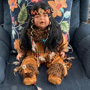 Traditional Style Porcelain Doll Faux Suede Feathers Fur Clothing Beaded Accent